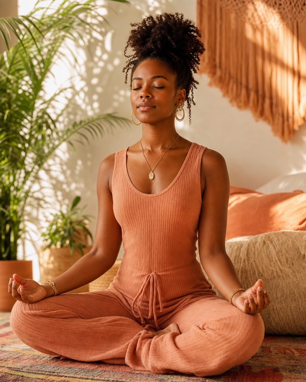 Black woman in peaceful meditation with warm natural lighting